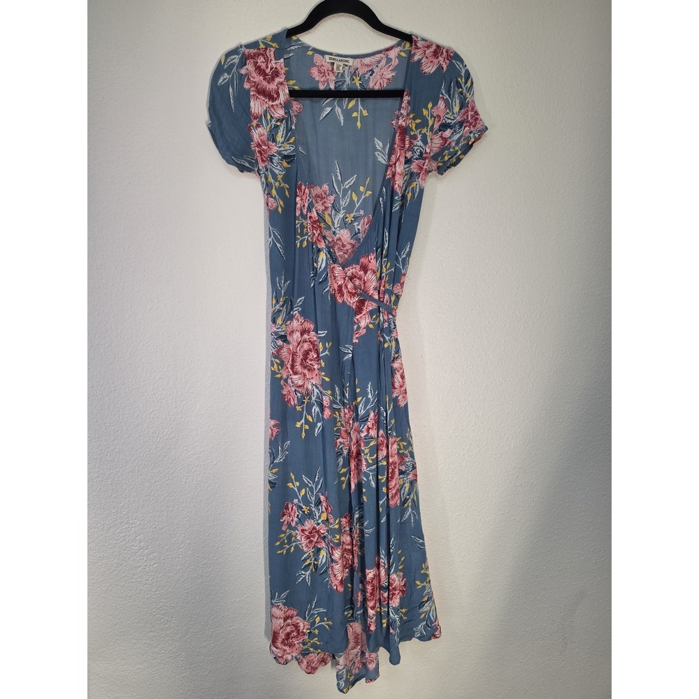 Billabong Maxi Dress XS Floral Collared Short Sleeve Blue Pink Yellow Boho